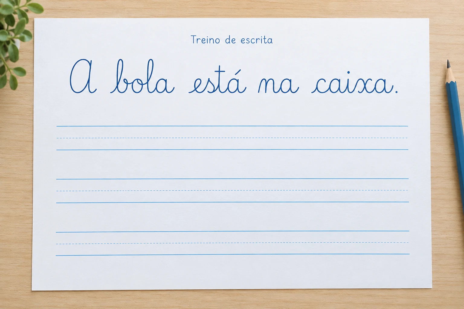 Folha pautada com a frase A bola está na caixa e espaço para treino de escrita. Folha pautada com a frase A bola está na caixa e espaço para treino de escrita.